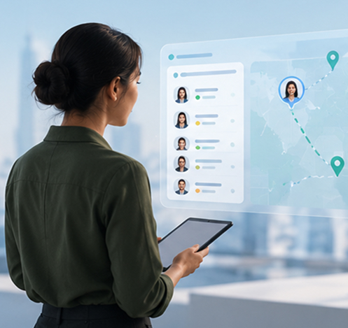 HR leader reviewing workforce tracking and analytics on a digital display