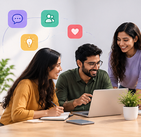 Team collaborating around a laptop in a modern office
