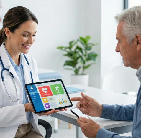Clinician showing a health app to a patient