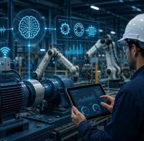 Engineer monitoring factory equipment from a tablet