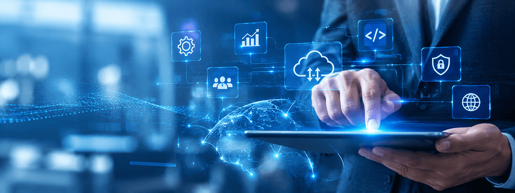 Professional using a tablet surrounded by cloud, code, and security icons