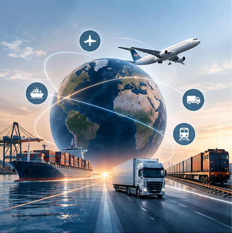 Cargo ship, truck and airplane connected across a logistics network