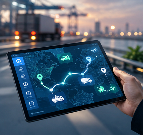 Hand holding a tablet with a live logistics route map