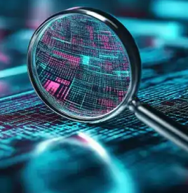 Magnifying glass over a digital circuit pattern