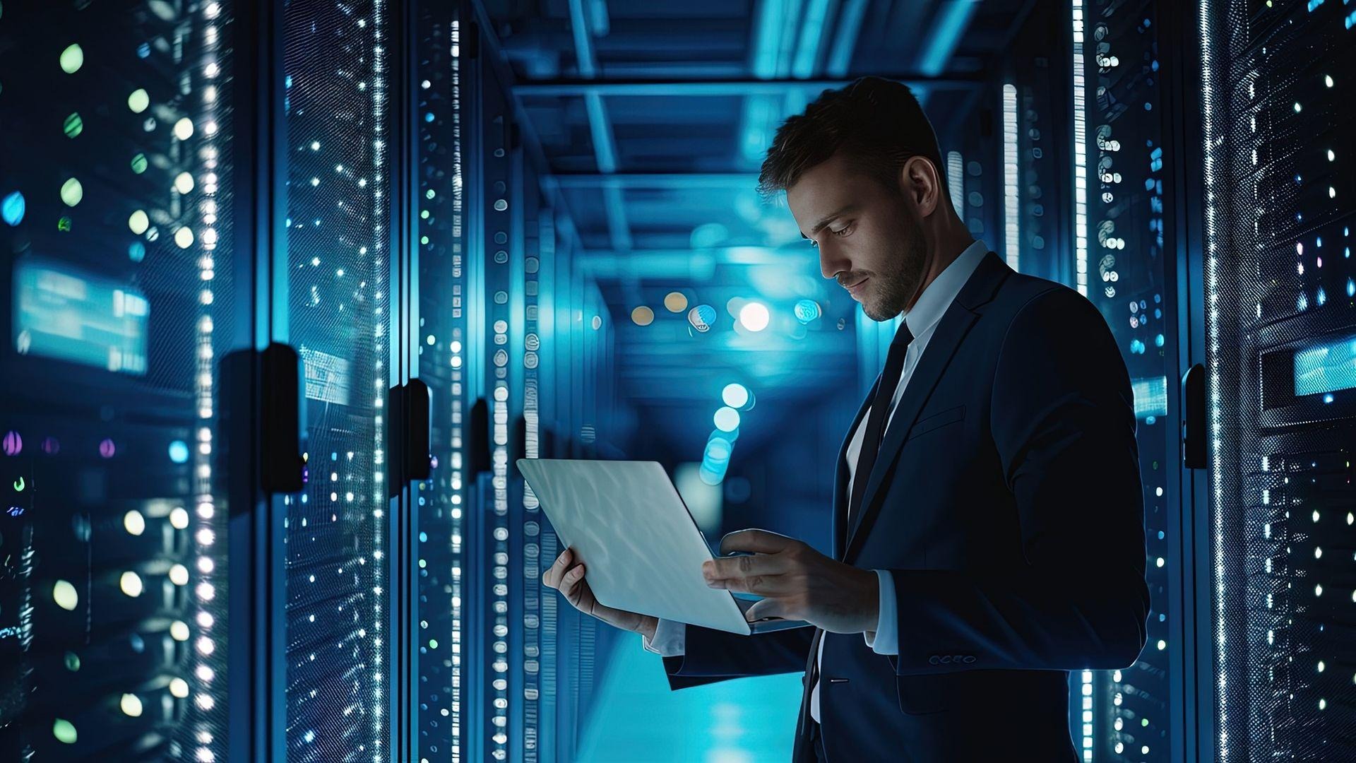 Professional reviewing a laptop in a server room