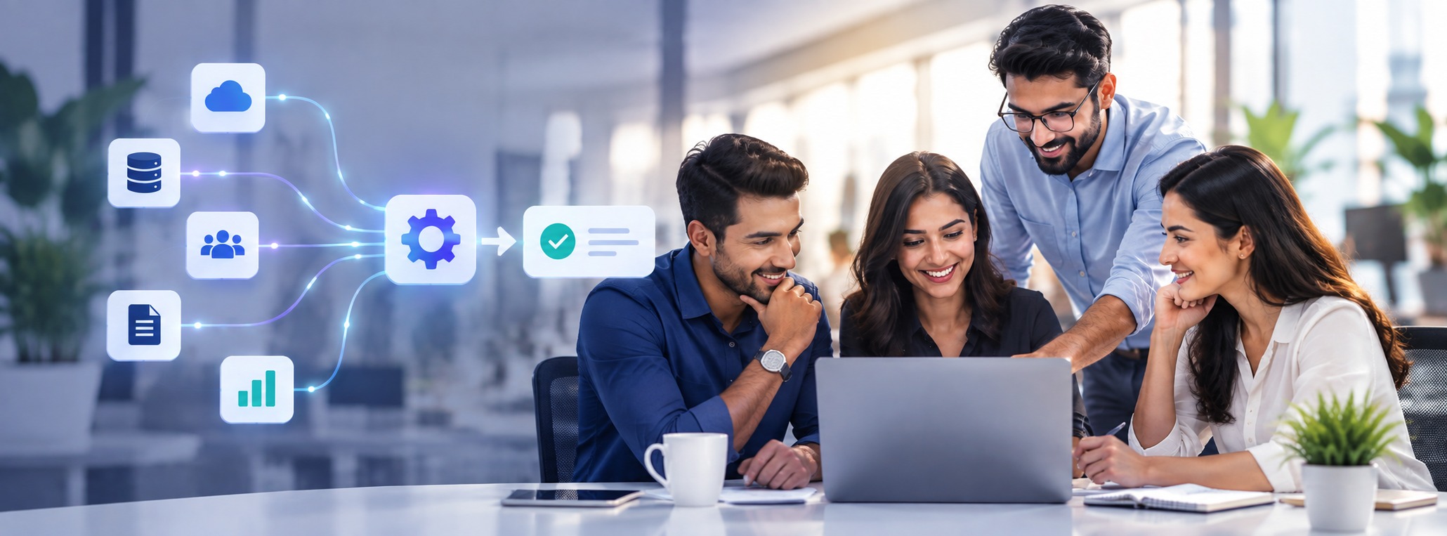 Team reviewing a laptop beside connected system and automation icons