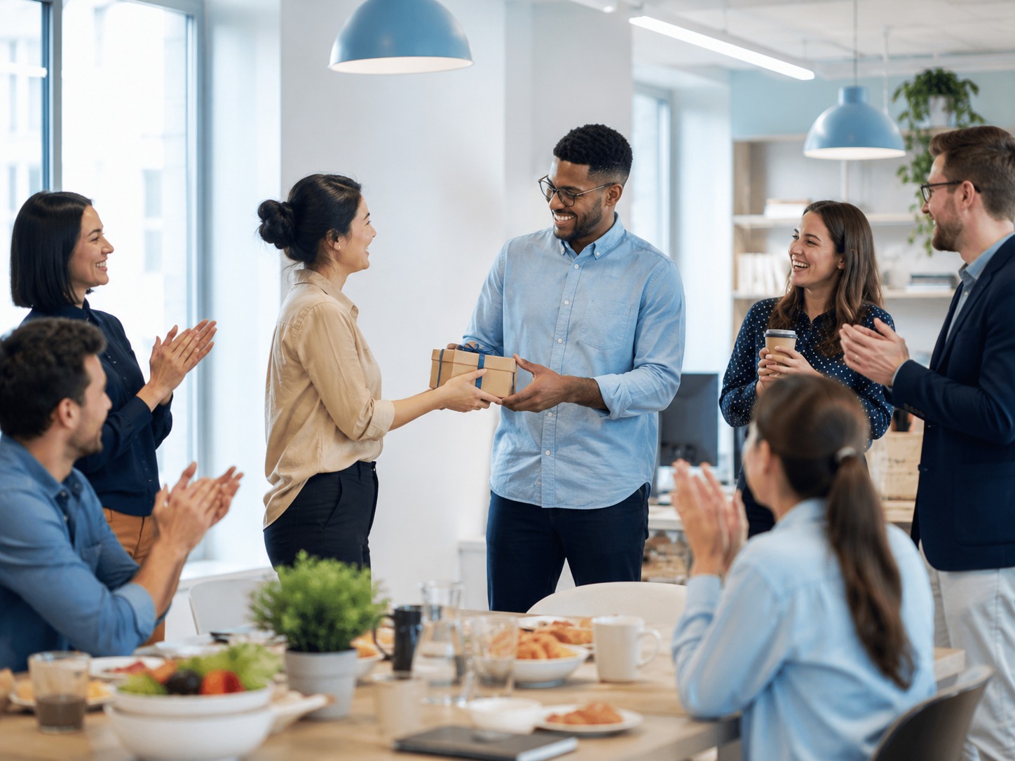 Coworkers applauding as a colleague receives a gift at an office celebration