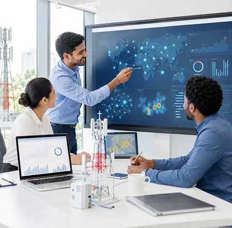 Engineers reviewing an AI operations dashboard