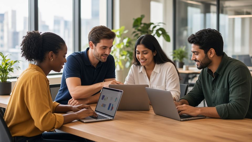 Team focused on laptops together in the office