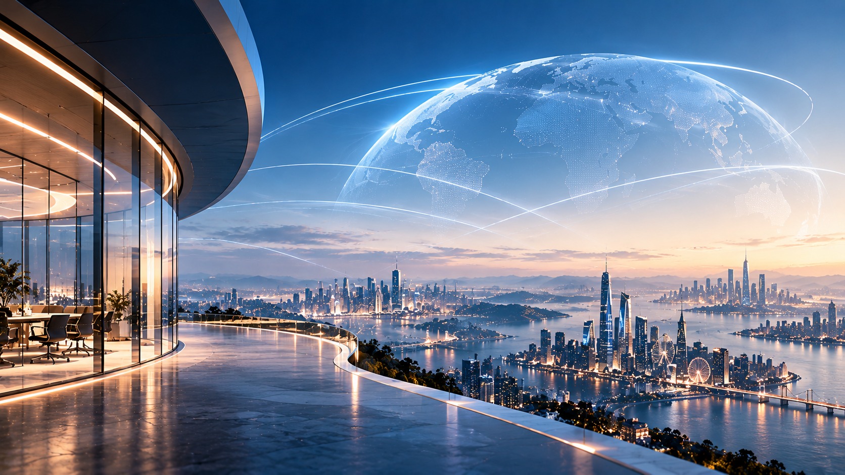 Glass office overlooking a city skyline and a connected globe