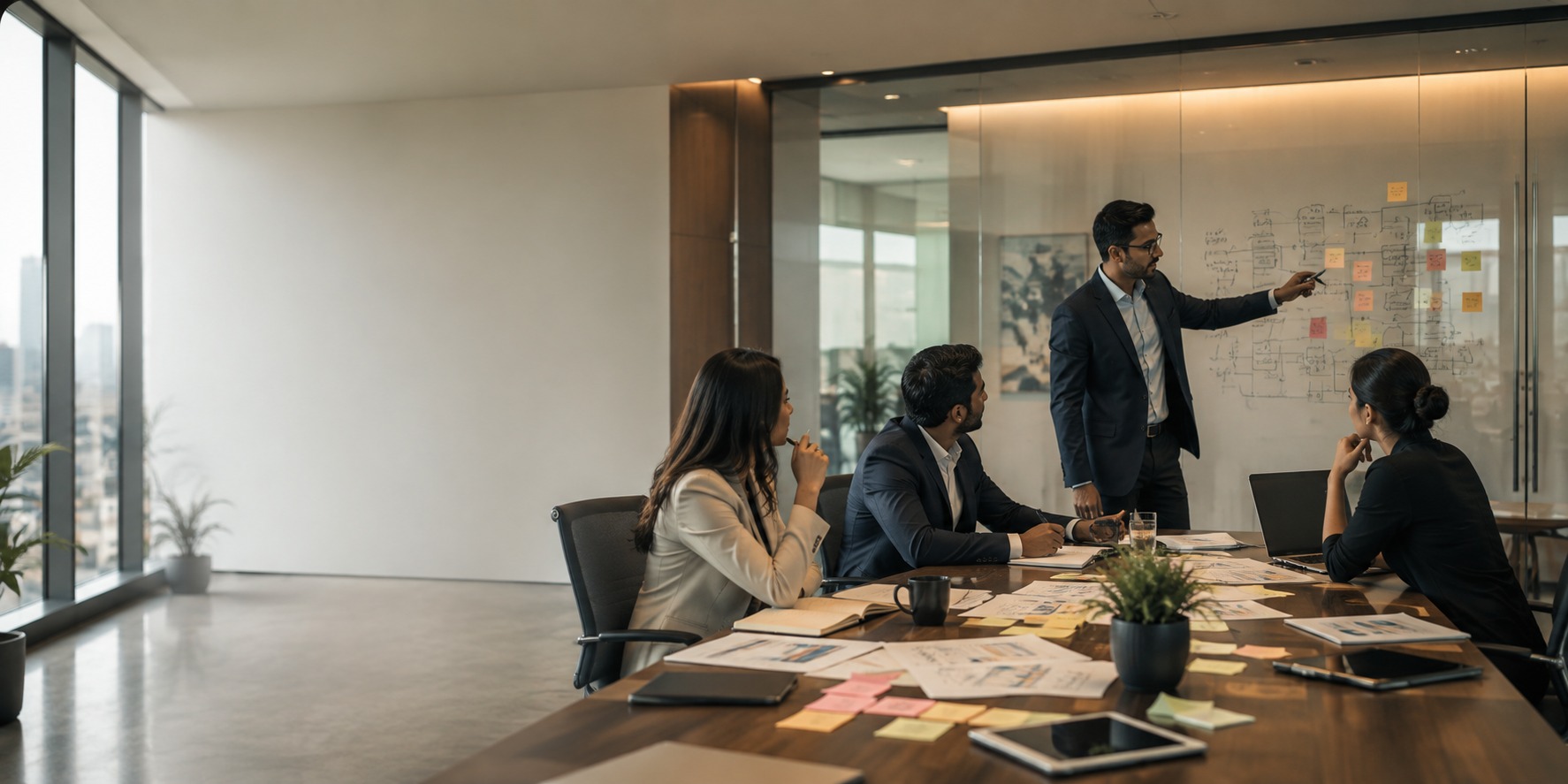 Team planning a product around a whiteboard in a meeting room