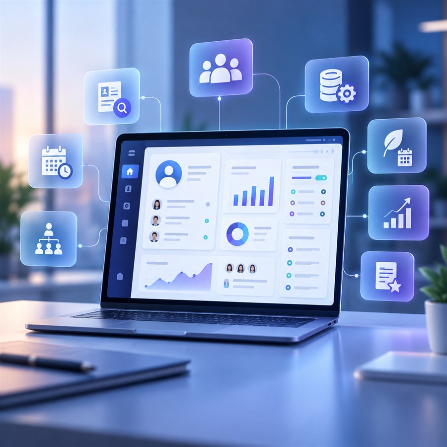 Laptop dashboard connecting employee, payroll, attendance and workforce analytics