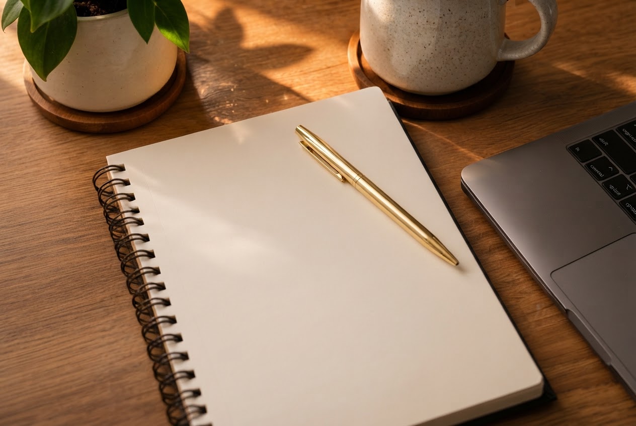 Notebook and pen on a wooden desk
