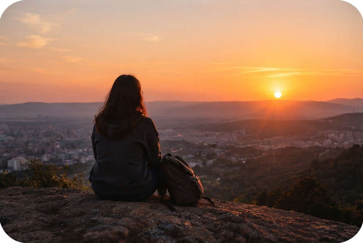 Person watching a sunset from a hilltop