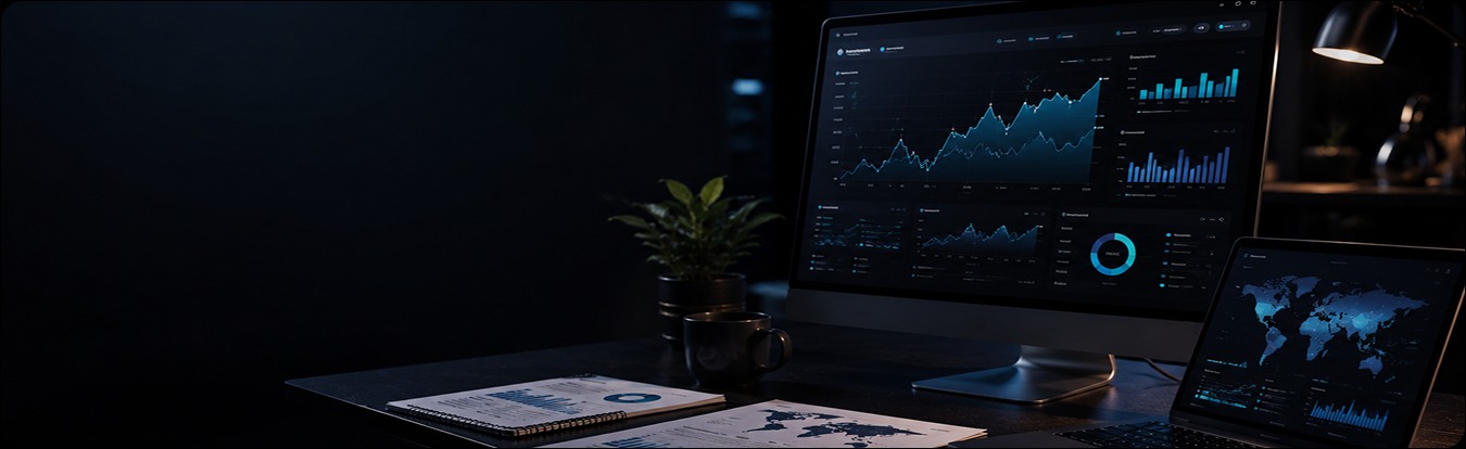 Desktop monitor and laptop showing market charts, a world map, and printed research notes
