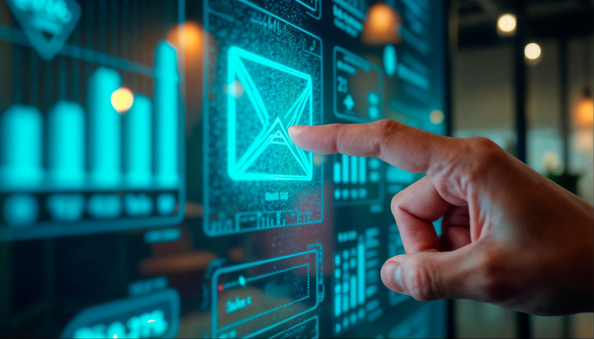 Hand selecting a glowing envelope icon on a digital analytics dashboard