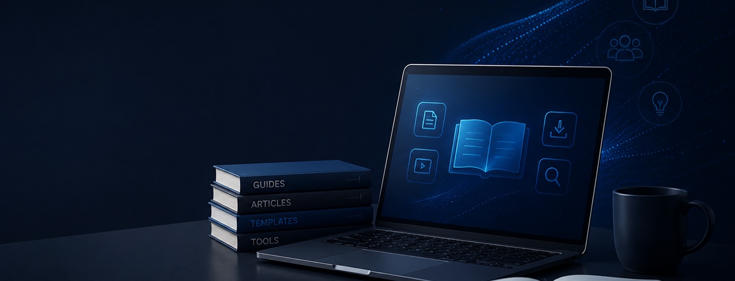 Laptop showing a digital library beside stacked books labeled guides, articles, templates, and tools