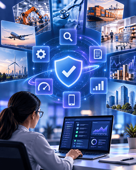 Quality engineer reviewing a testing dashboard across industry scenes