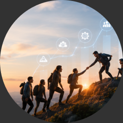 Team climbing a mountain toward a rising technology chart