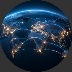Earth at night with cities linked by glowing network lines