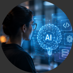 Engineer looking at a holographic AI brain and code panels