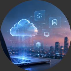 Laptop projecting a cloud connected to data and city systems