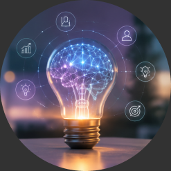 Light bulb holding a digital brain surrounded by idea icons