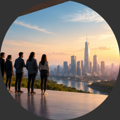 Team looking out over a city skyline at sunset