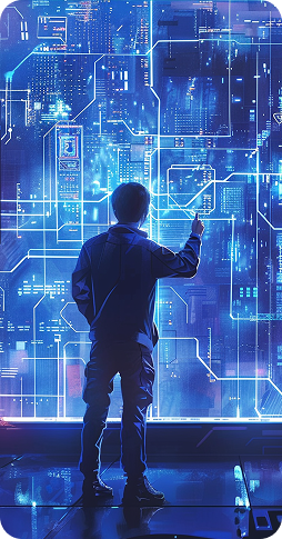 Engineer touching a wall of connected network circuitry