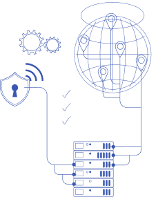 Globe connected to network servers, security, and location markers