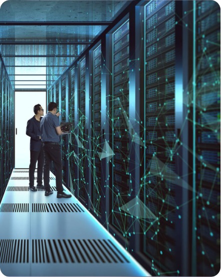 Engineers collaborating in a data-center environment