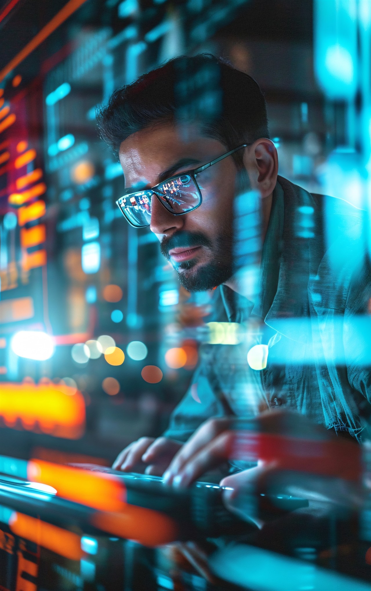 Engineer working at a keyboard surrounded by glowing data screens