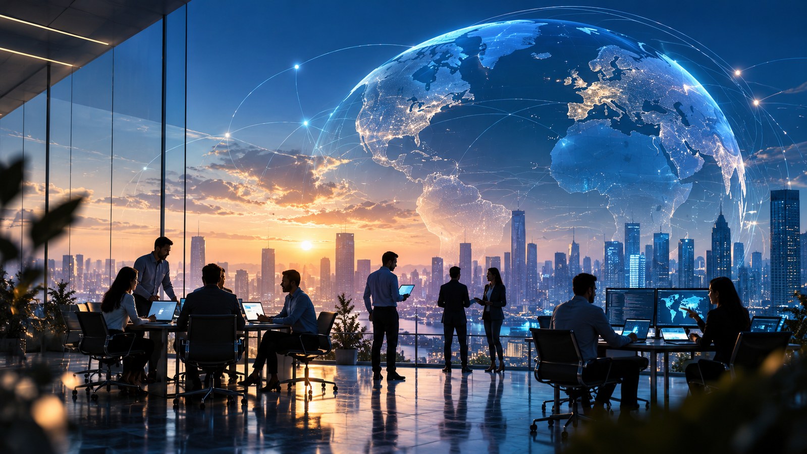 Team working in a high-rise office beneath a glowing connected globe