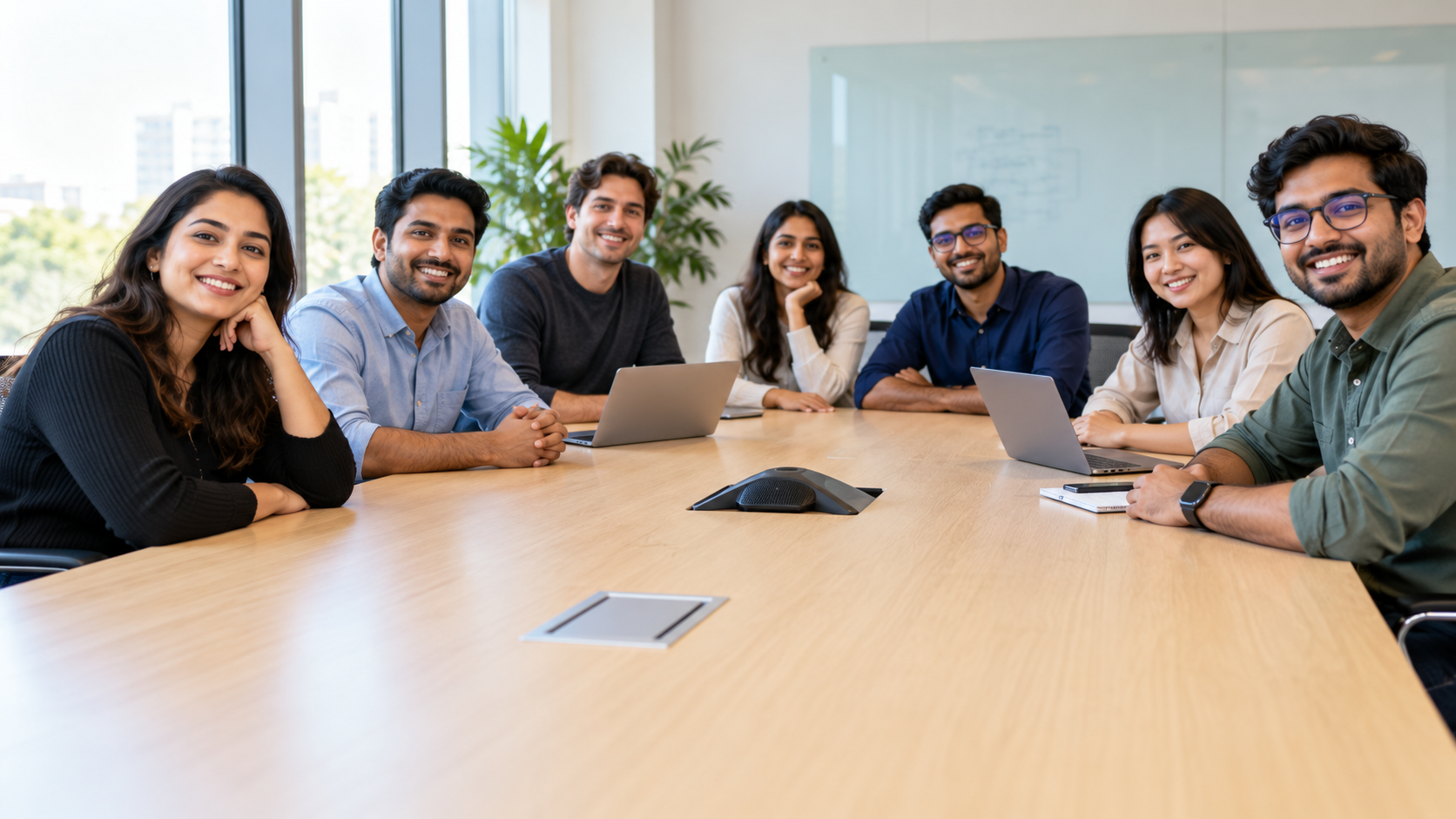 Programming.com teammates smiling around a conference table with laptops