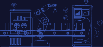 Connected factory line with a robotic arm, conveyor, and production dashboard